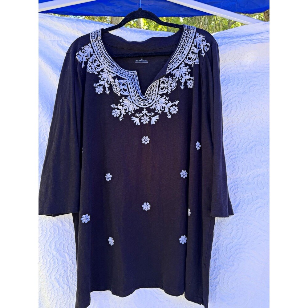 Talbots Plus 3X Black Embroidered Tunic Top 100% Cotton Boho Floral
